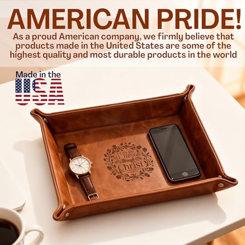 Personalized Leather Tray Philippians 4:13 – Custom Engraved Men’s Valet Tray Organizer with Name or Initials – Religious - style: philippians 4:13