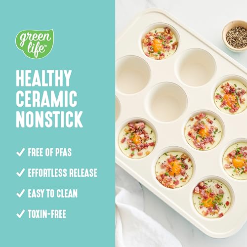 GreenLife 12-Cup Muffin Pan, PFAS-Free Healthy Nonstick Baking Tray, 11.4" x 1.9" x 15.9", Durable Ceramic Bakeware, Cupcakes, Egg Bites, Tarts, Brownies, Turquoise - color: Turquoise, size: 12 Cup Muffin Pan