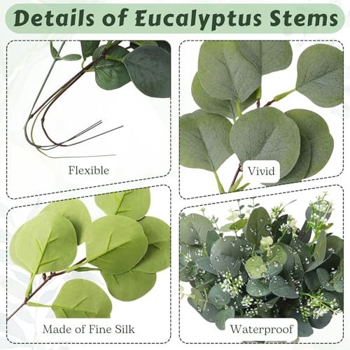 Eucalyptus Leaves Stems 60 PCS, 4 Kinds Mixed Artificial Greenery Stems for Wedding Decor Vase Floral Arrangement Centerpiece
