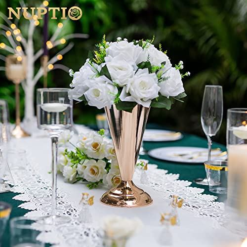 2 Pcs Tabletop Metal Wedding Flower Trumpet Vase, 9.8 inch Table Decorative Centerpiece, Artificial Flower Arrangements for Anniversary Ceremony Party Birthday Event Aisle Home Decoration (Gold) - color: Gold, size: 9.8 inch x 2 Pcs