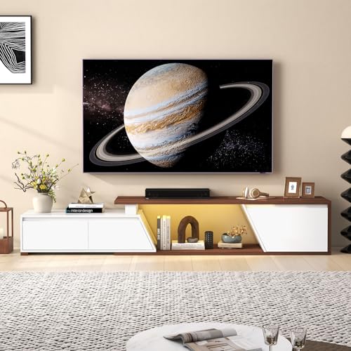 Verano Garden Extendable TV Stand with Led Lights, Wood TV Media Console with 2 Drawers & 1 Cabinet, Modern Entertainment Center Up to 90 Inch TV for Living Room Bedroom, 63" - 90.6" (White & Walnut) - color: White & Walnut