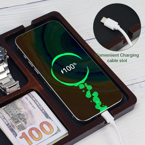MultiBey Acacia Wood Valet Tray with Leather Inlay | Mens Valet Tray & Desk Organizer | Elegant EDC Catchall Trays for Phone, Wallet, Keys, Watch, Jewelry - color: Acacia - Leather & Cable Slot