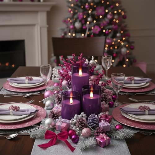 Homemory Purple Flickering Flameless Candles, Battery Operated Acrylic LED Pillar Candles with Remote Control and Timer, Purple Decor, Set of 5 - color: Purple
