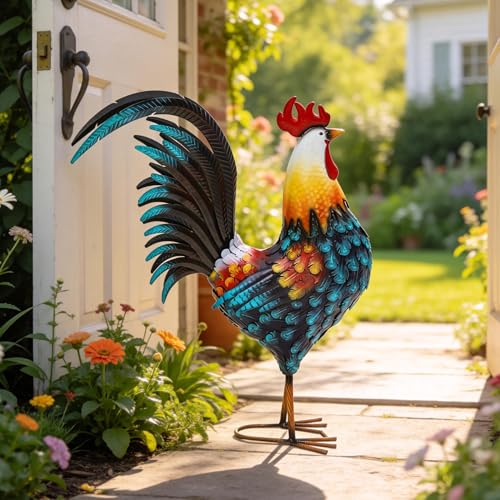 32" Large Metal Rooster Yard Decor, Outdoor Garden Statues, Metal Chicken Sculpture for Backyard Patio Kitchen Living Room Decor - color: 32"h Extra-large Blue Rooster