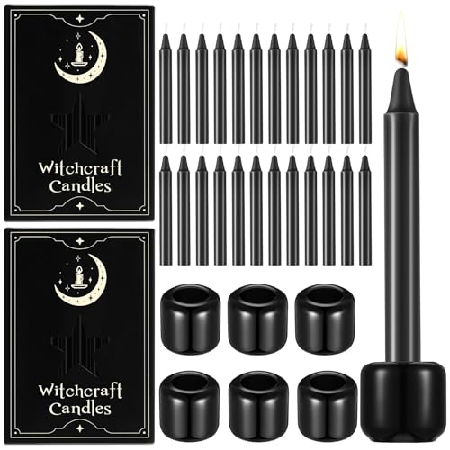 Baderke 24 Pack 4 Inch Mini Black Taper Candles Sticks and 6 Spell Candle Holders for Witchcraft Spell Candles for Rituals, Birthdays, Meditation, Altar, Spells - color: Black