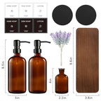 KEYWING Kitchen Soap Dispenser Set with Wood Tray, 16oz Amber Glass Soap Dispensers with Stainless Steel Pumps, Hand and Dish Soap Dispenser Set for Kitchen, Soap and Lotion Dispenser Set for Bathroom