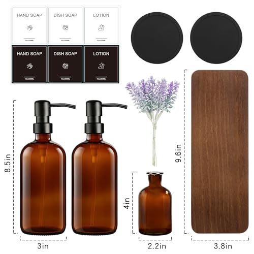 KEYWING Kitchen Soap Dispenser Set with Wood Tray, 16oz Amber Glass Soap Dispensers with Stainless Steel Pumps, Hand and Dish Soap Dispenser Set for Kitchen, Soap and Lotion Dispenser Set for Bathroom