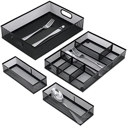 Neudeco Desk Drawer Organizer with 6 Adjustable Dividers, Metal Mesh Pen Organizer for Desk Drawer, Office Supplies Tray (Pack of 4, Black)