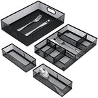 Neudeco Desk Drawer Organizer with 6 Adjustable Dividers, Metal Mesh Pen Organizer for Desk Drawer, Office Supplies Tray (Pack of 4, Black)