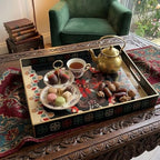 15.8" x 11.8" Black Plastic Serving Tray with Handles, Bohemian Folk Art Bird & Mandala Pattern with Gold Trim, for Ottoman, Coffee Table, Vanity - color: Bohemian Folk Art Bird & Mandala Pattern