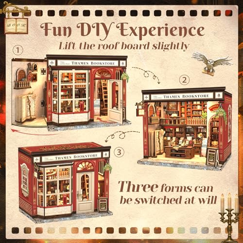 CUTEFUN DIY Book Nook Kit, 3D Puzzle Creative British Library Bookend Bookshelf Decor for Adults Teens, Magic Bookshop Miniature Kit with LED & Dust Cover, Gifts for Book Lovers (Thames Bookstore) - style: Thames Bookstore