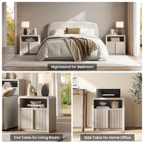 ModernMate Night Stand Set of 2, 23.6" Fluted Nightstand with 2 Drawers, Curve Profile Bedside Table with Solid Metal Handle, Thicken End Side Table for Bedroom, White Alder