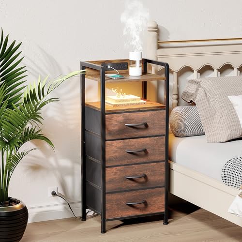 Lazzanto Night Stand Bedside Table Bedroom - Tall Nightstand with Charging Station & LED Light Strip, Bed Side Table with Storage Shelf & 4 Drawers, End Table with U-S-B Ports & AC Outlets, Brown - color: Rustic Brown, size: 4 Drawers