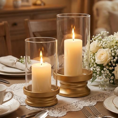 Gold Hurricane Candle Holders Set of 2 with Glass - Modern Pillar Candle Stands for Fireplace Mantel, Dining Table Centerpiece & Home Decor, 7.1" & 9" High