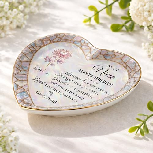 Personalized Niece Jewelry Dish Gift from Aunt, Heart Trinket-Dish with Custom Birth Flower, “Always Remember You Are Braver Stronger Smarter Loved” Inspirational Ceramic Ring Keepsake - color: Niece 054