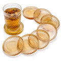 Elsjoy 8 Pack 4 Inch Glass Coasters for Drinks, Amber Tone Modern Clear Coaster Set, Round Crystal Glass Pillar Candle Holder Plates for Table Centerpieces, Home Decor
