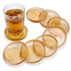 Elsjoy 8 Pack 4 Inch Glass Coasters for Drinks, Amber Tone Modern Clear Coaster Set, Round Crystal Glass Pillar Candle Holder Plates for Table Centerpieces, Home Decor