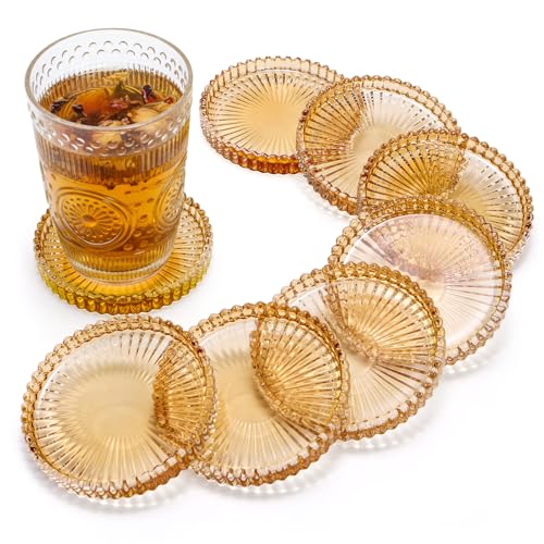 Elsjoy 8 Pack 4 Inch Glass Coasters for Drinks, Amber Tone Modern Clear Coaster Set, Round Crystal Glass Pillar Candle Holder Plates for Table Centerpieces, Home Decor