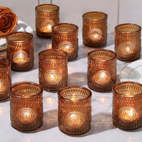 MATAHUM 24 Pcs Amber Votive Candle Holders, Glass Tealight Candle Holders for Fall Home Decorations, Wedding Table Centerpiece, Birdal Shower, Party - color: Amber