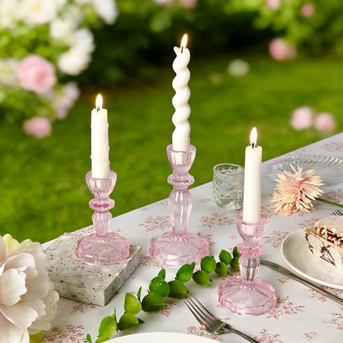 Glass Candlestick Holders Set of 3, Pink Stripe Taper Candle Holders for Table Centerpiece, Home Decorations, Wedding and Party - color: Pink