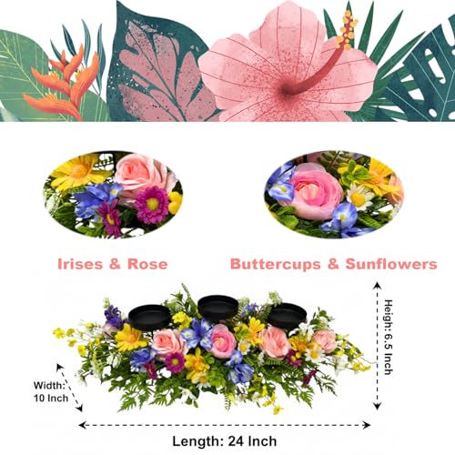 Spring Summer Centerpiece with 3 Candle Holders, 24 Inch Colorful Artificial Wildflower Arrangement with Roses, Daisies, and Irises, Ideal for Farmhouse and Country Style Table Decorations