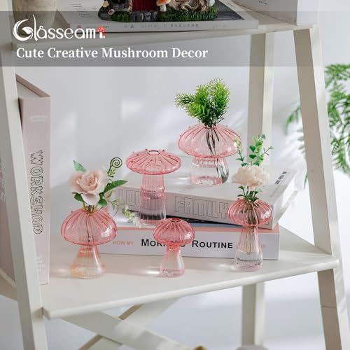 Glasseam Mushroom Plant Propagation Stations: Pink Glass Terrarium Jar Set of 10 Cute Planters for Indoor Plants Mini Propagate Station Unique Christmas Birthday Gifts for Women Home Office Decor - color: Pink, size: 10