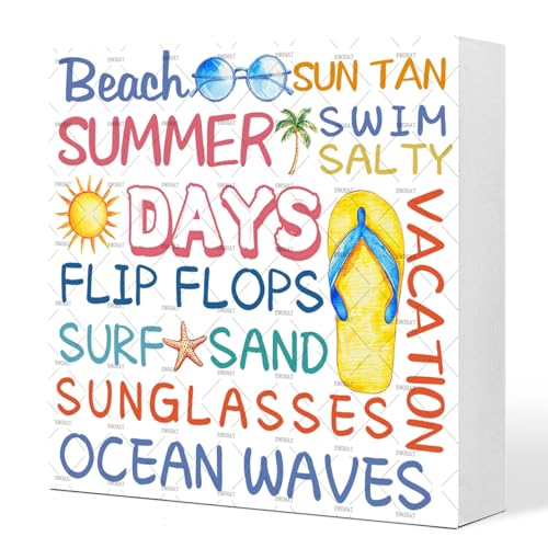 Summer Room Decor, EMOHAT Summer Days Rustic Wood Box Signs Blocks, Beach House Decor Home Farmhouse Shelf Table Wood Sign Plaque 5.1x5.1 inch - color: Summer Days