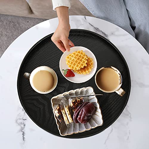 Round Solid Wood Serving Tray Extra Large Tea Coffee Snack Food Meals Serving Plate Non-Slip Kitchen Party Bar Server Ottoman Tray Breakfast Tray with Raised Edges (13inch/33cm) Black - size: 13"