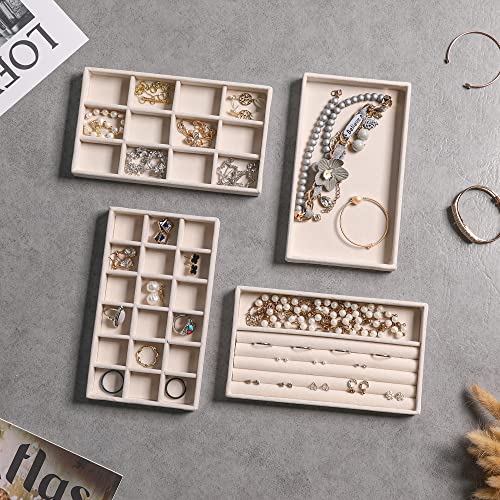 Frebeauty Jewelry Organizer Tray,Stackable Velvet Jewelry Trays,Drawer Inserts Earring Organizer For Women Jewelry Storage Display Case for Rings Stud Necklaces,Set of 6(Beige) - color: Beige, size: Set 6