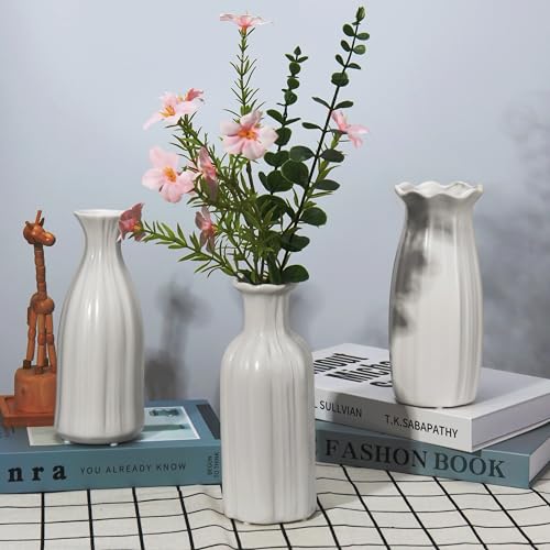 White Ceramic Vase 7 inch Small Vase Set can be Used as Bedroom Study Living Room Dining Table Home Decoration Suitable for Wedding Flower Arrangement Design Bohemian Style (HPBY-3PCS) - color: Hpby-3pcs