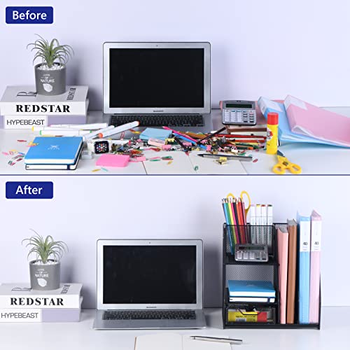 Topwey Desk Organizer, File Organizer for Desk with 2-Tier Paper Letter Tray, Drawer and 2 Pen Holder, Mesh Desktop Organization with Magazine Holder for Office Supplies - color: dark black