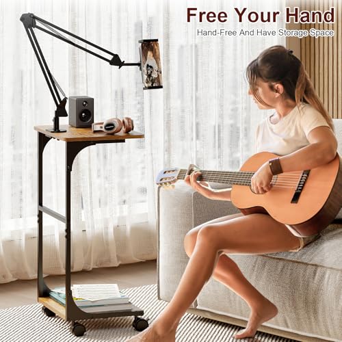 Floor Kindle Tablet iPad Stand with 2-Tier Storage Shelves,Angle Height Adjustable iPad Tablet Kindle Holder for Bed with 360-Degree Rotating Wheels, Compatible with 4.7"-13" Kindle Cell Phone iPhone - size: 11.4"D x 15.4"W x 56.4"H