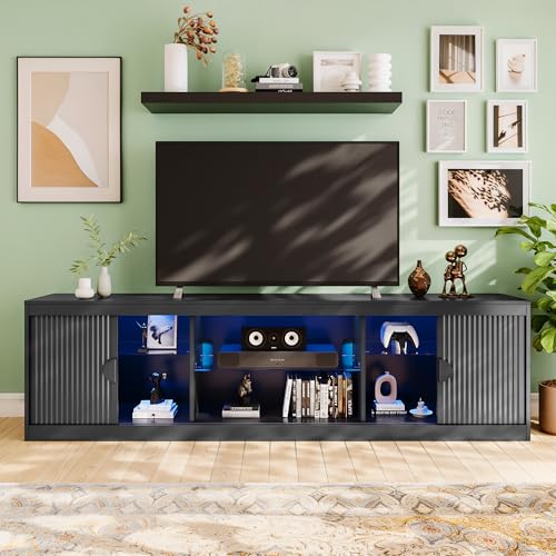 LGHM 70'' Black TV Stand with Lighting, Stylish Modern Entertainment Center with Slip Doors for TVs Up to 80”, Media Console for Living Room - size: 22''H TV Stand