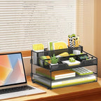 SUPEASY 3 Tier Desk Organizer, Mesh Letter Tray Paper Organizer with 5 Adjustable Storage Compartments & Pen Holder, Metal Desk Accessories for Home Office School, Black - size: 13.6" x 9.4" x 2.3"