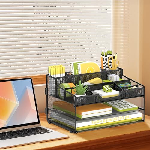 SUPEASY 3 Tier Desk Organizer, Mesh Letter Tray Paper Organizer with 5 Adjustable Storage Compartments & Pen Holder, Metal Desk Accessories for Home Office School, Black - size: 13.6" x 9.4" x 2.3"