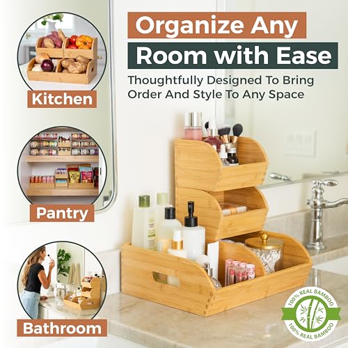 Potato and Onion Storage Bin – Stackable Ventilated Bamboo Storage System for Kitchen Counter or Pantry – Multi-Level Produce Organizer for Garlic, Fruits & Vegetables