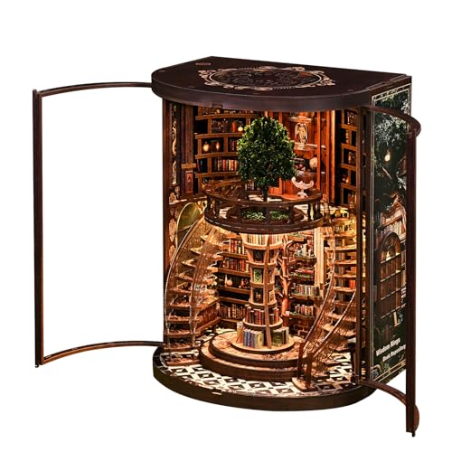 Book Nook Kit for Adults & Teens – DIY Miniature House Library, Wisdom Ring Library 3D Wooden Puzzle Bookend Bookshelf Insert with LED Light, Dollhouse Craft Kit for Decor & Gifts
