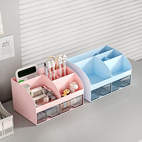 COMFYROOM Desk Organizer with 6 Compartments and 2 Drawers, Plastic Makeup Organizer, Pen Holder for Desktop Storage, Desk Organization for School, Home, Office Supplies (Pink) - color: Pink