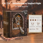 CCCDF Book Nook Kit, DIY Miniature Dollhouse Magic Book for Adults and Teens, 3D Wooden Puzzle Bookends with Sensor Led Light, Gifts for Family, Friends (Introduction to Magical Flight) - style: Introduction to Magical Flight