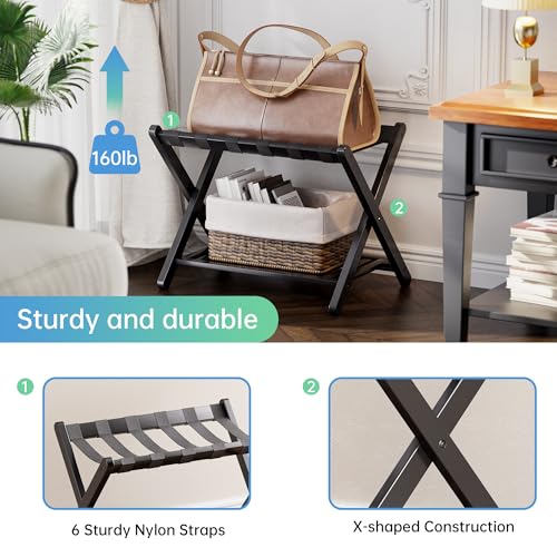 SMIBUY Luggage Rack, Foldable Bamboo Suitcase Stand with Storage Shelf for Guest Room, Bedroom, Hotel, Heavy-Duty, 1 Pack (Black) - color: Black