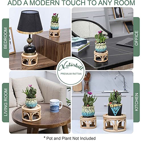 Set of 2 Small Boho Rattan Wicker Round Riser Plant Stand Indoor,Rustic Farmhouse Natural Wooden Circle Pedestal for Decor & Display, Tabletop, Office Decor - size: 6.0" & 8.0"