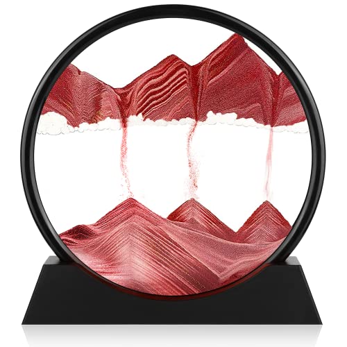 Herecanli Moving Sand Art Picture - 3D Quicksand Painting Decor - Round Glass 3D Deep Sea Sandscape - Relaxing Decoration for Home,Office,Desk,Mantle,Bookshelf,Room- (Red, 12 in) - color: Red, size: 12"