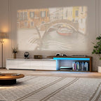 Extendable TV Stand with LED Light, Modern Entertainment Center for up to 120 Inch TV, Wood TV Media Console with 2 Drawers & 2 Cabinets for Living Room Bedroom, 75"-110", High Gloss White & Walnut - color: High Gloss White & Walnut