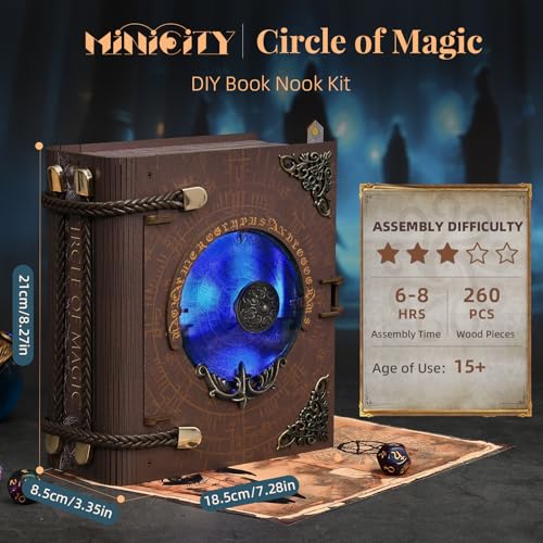 MiniCity Book Nook Kit with LED Light, Miniature House Kit for Birthday, 3D Wooden Bookends Puzzle, Bookshelf Decor for Adults, Teens, Beginners (Circle of Magic) - style: Circle of Magic