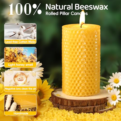 3 Pack Natural Beeswax Pillar Candles,Handmade Pure Beeswax Rolled Candle-60 Hours Long Burning,Honeycomb Bees Wax Candles for Home, Prayer,Dripless Smokeless Unscented Pillar Candle 2x4in - color: 2x4in, size: 3pcs