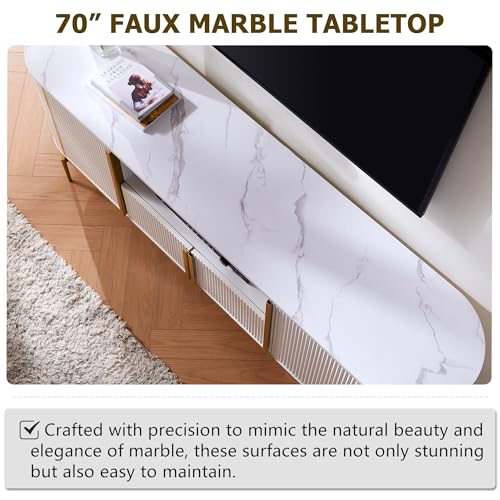 OKD Luxury 70" Fluted TV Stand, Modern Chic Entertainment Center for TVs Up to 80 inches, TV Console with Faux Marble Top, Curved Profile Design, Media Console for Living Room, Off White - color: Off White, size: 70" TV Stand without Fireplace