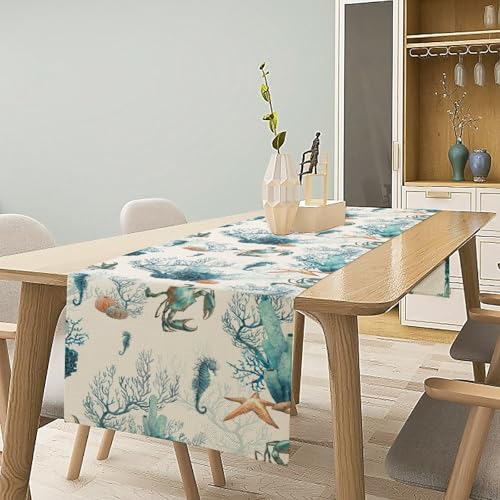 Nautical Coast Table Flag, Ocean Beach Seahorse Shell, Vintage Sailboat Lighthouse Anchor Table Decoration for Indoor and Outdoor Home Party Decor 13x36 Inch - color: Shell-9, size: W13x36L