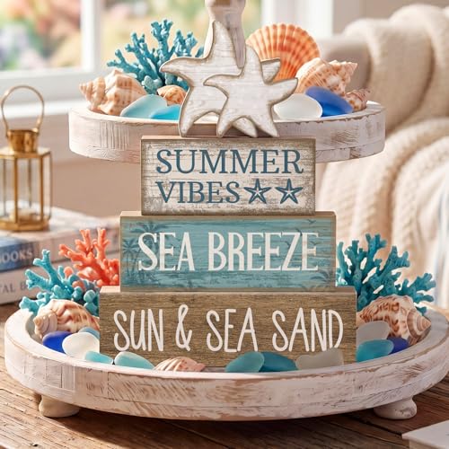 Yuntau 4 Pcs Summer Beach Decorations for Home Beach Tiered Tray Decor Starfish Coastal Rustic Starfish Wooden Block Table Sign Stacked Book Nautical Table Centerpiece for Farmhouse Office Desk Shelf - style: Retro Starfish