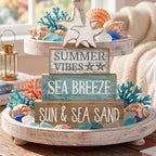 Yuntau 4 Pcs Summer Beach Decorations for Home Beach Tiered Tray Decor Starfish Coastal Rustic Starfish Wooden Block Table Sign Stacked Book Nautical Table Centerpiece for Farmhouse Office Desk Shelf - style: Retro Starfish