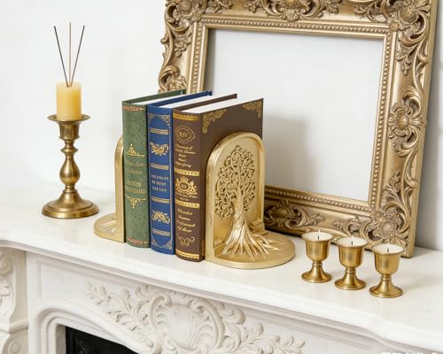 Tree of Life 3D Bookends with Intricate Details, Solid Resin Construction Non-Slip Design, Regal Gold Decor for Home Library, Office - color: Regal Gold